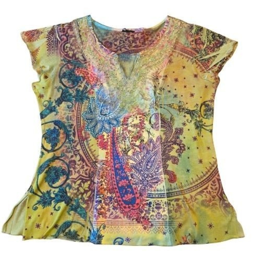 Womens Embellished‎ Paisley Print Hippie Tunic Top Short Sleeve V Neck Casual